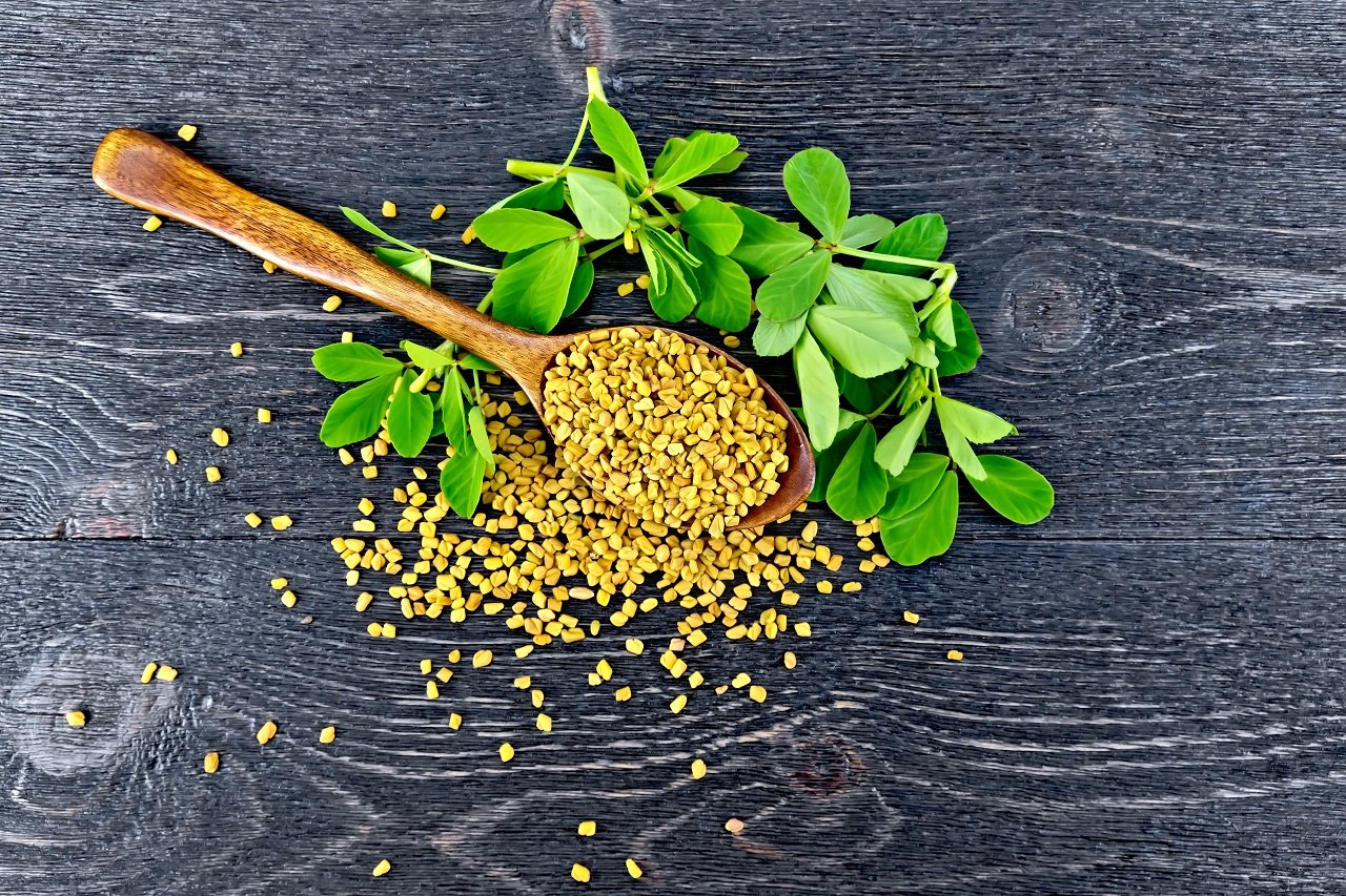 fenugreek with leaf in spoon on board top 2024 09 17 12 47 17 utc